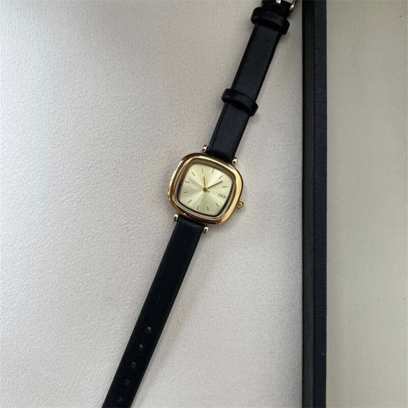 Black Leather Square Face Watch