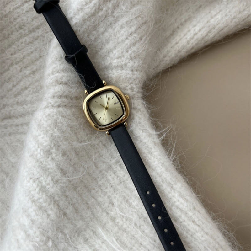 Black Leather Square Face Watch