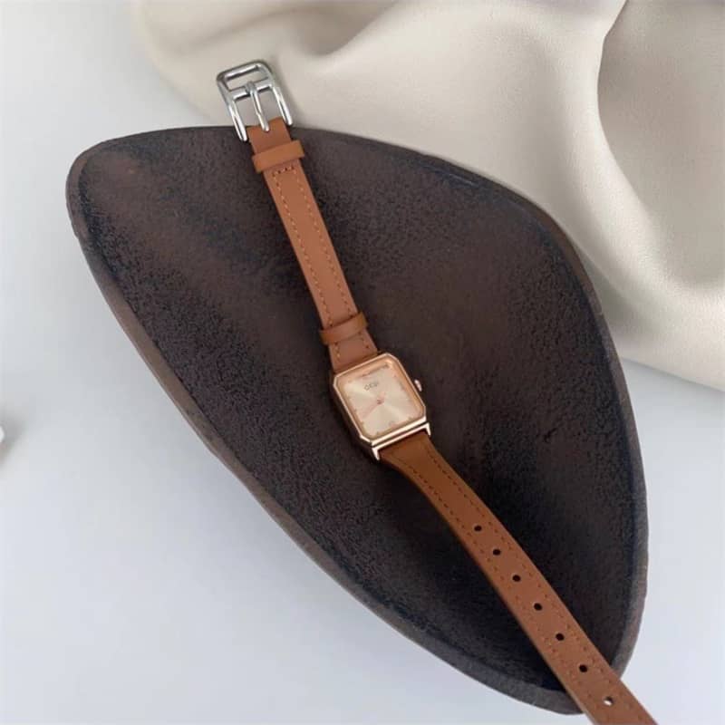 Dainty Grey Brown Square Leather Watch for Women