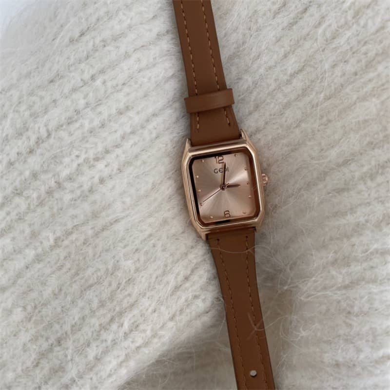 Dainty Grey Brown Square Leather Watch for Women
