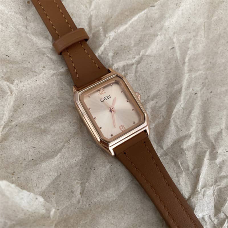 Dainty Grey Brown Square Leather Watch for Women