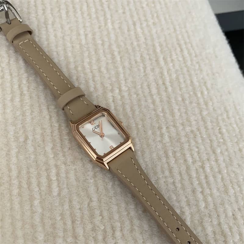 Dainty Grey Brown Square Leather Watch for Women