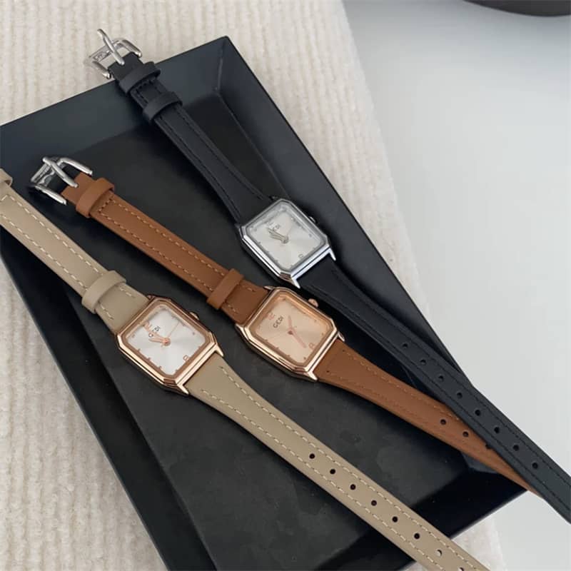 Dainty Grey Brown Square Leather Watch for Women
