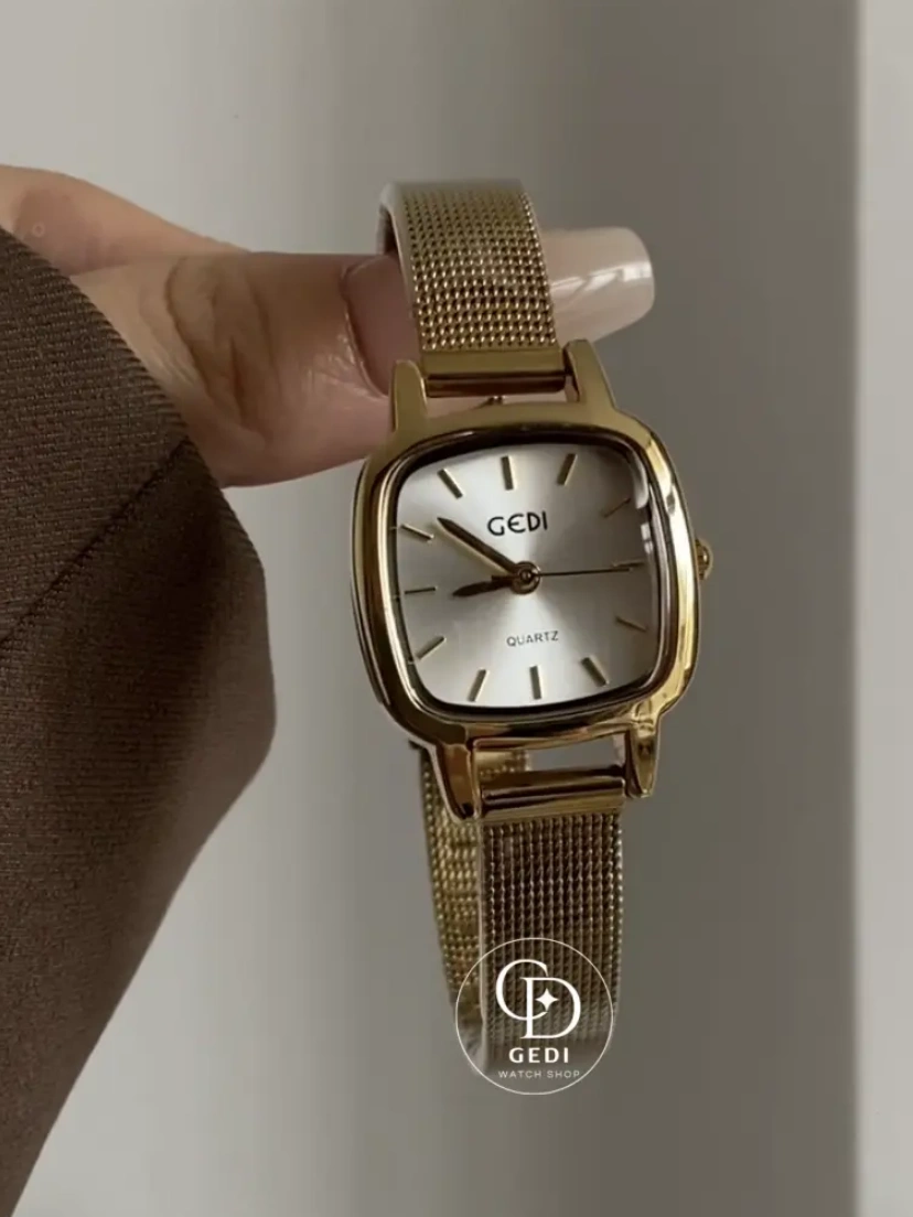 Chic Gold Square Face Watch Minimalist Mesh Bracelet Watch For Women
