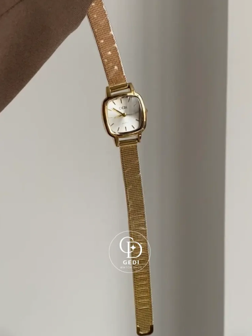 Chic Gold Square Face Watch Minimalist Mesh Bracelet Watch For Women