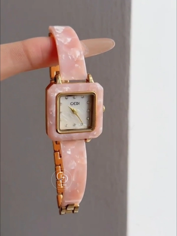 Dainty Pink Bracelet Watch for Women Square Face Pink Acrylic Watch