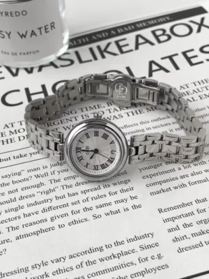 Classic Silver Round Face Watch for Women Roman Numeral Dial Ladies Watch