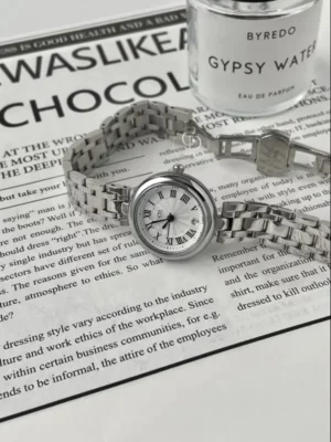 Classic Silver Round Face Watch for Women Roman Numeral Dial Ladies Watch
