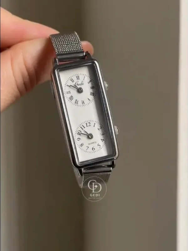 Elegant Dual-Time Rectangular Watch for Women Silver Mesh Band Watch