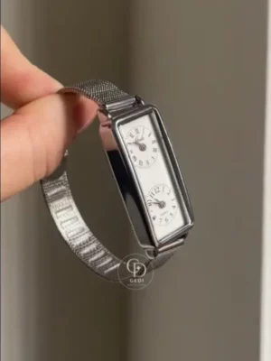 Elegant Dual-Time Rectangular Watch for Women Silver Mesh Band Watch