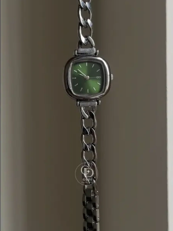 Emerald Green Dial Ladies Watch Minimalist Silver Square Face Watch for Women