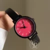 Chic Raspberry Red Round Face Leather Watch for Women