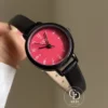 Chic Raspberry Red Round Face Leather Watch for Women
