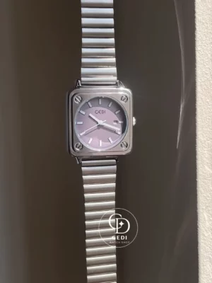 Square Silver Watch with Lavender Dial for Women