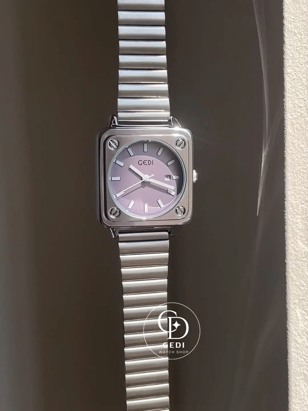Square Silver Watch with Lavender Dial for Women