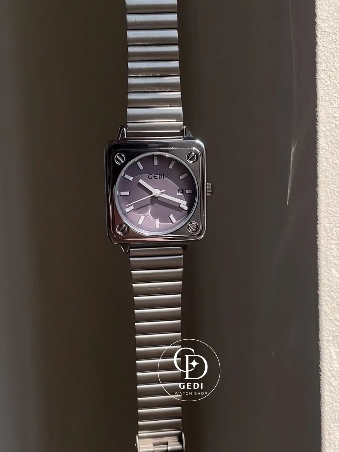 Square Silver Watch with Lavender Dial for Women