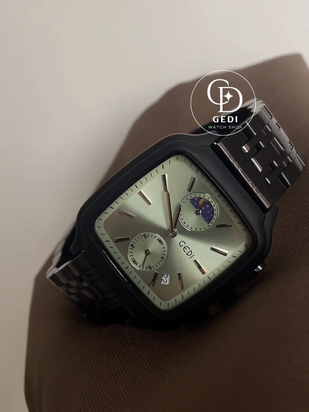 Modern Square Black Watch with Green/Pink Dial