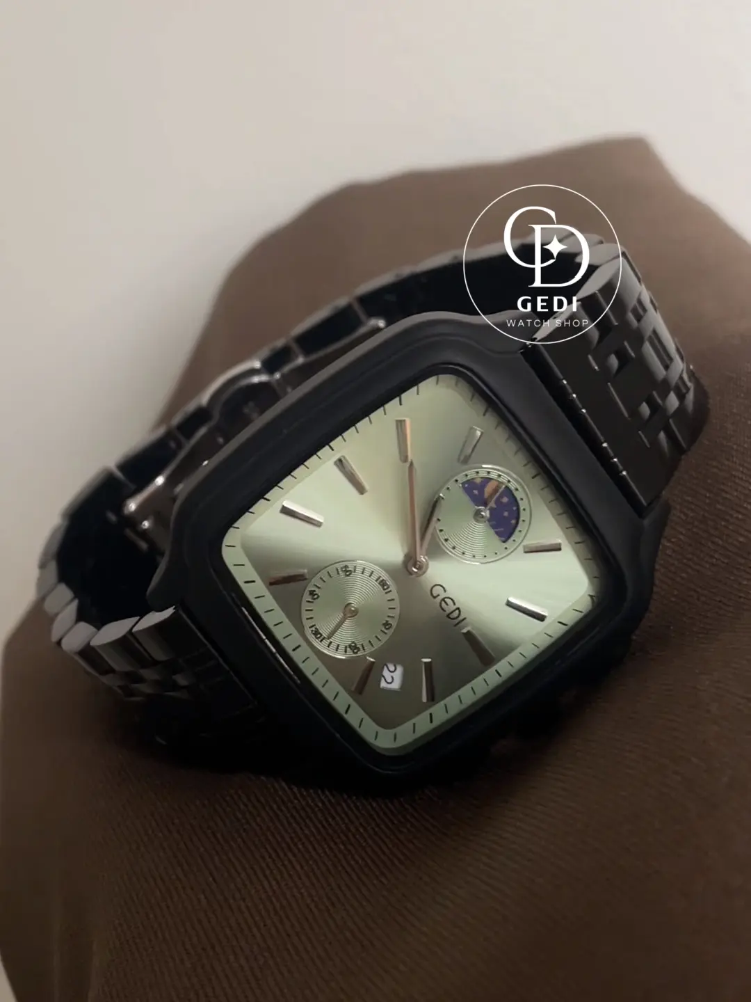 Modern Square Black Watch with Green/Pink Dial