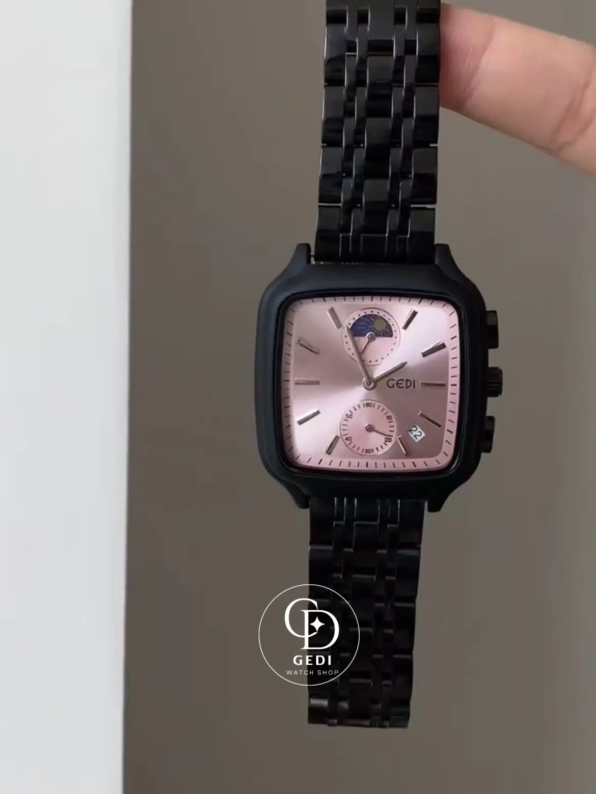 Modern Square Black Watch with Green/Pink Dial