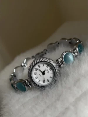 Vintage-Inspired Blue Cats' Eye Stone Bracelet Watch for Women Silver Roman Numeral Ladies Watch