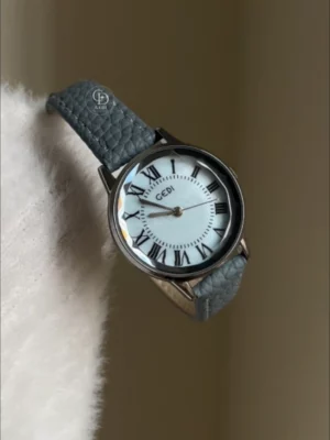 Dainty Blue Leather Strap Ladies Watch Classic Round Face Roman Numeral Watch for Women