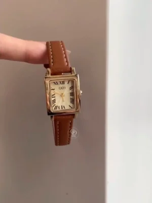 Chic Roman Numeral Ladies Watch Rectangular Face Brown Leather Watch for Women