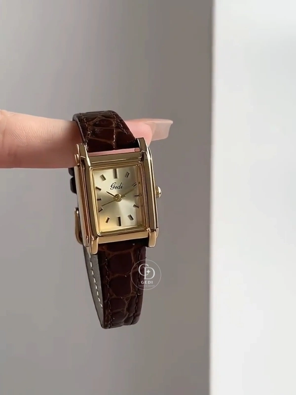 Classic Gold Dial Ladies Watch Rectangular Face Brown Leather Watch for Women