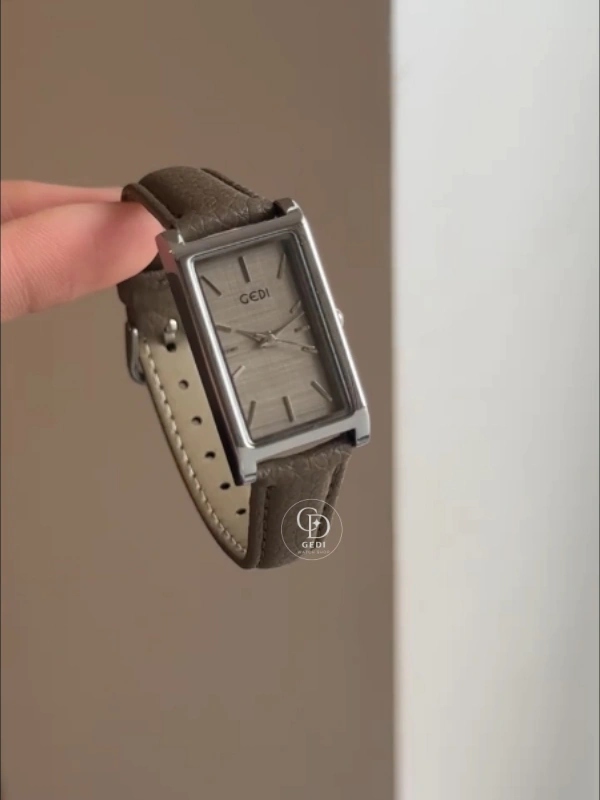 Dainty Rectangular Face Ladies Watch Grey Leather Watch for Women