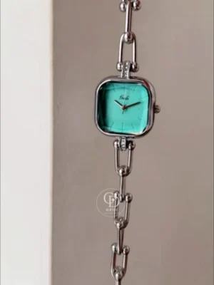 Minimalist Green Dial Silver Bracelet Watch for Women Dainty Square Face Ladies Watch