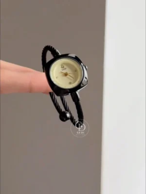 Chic Beige Dial Watch for Women Modern Black Bangle Ladies Watch