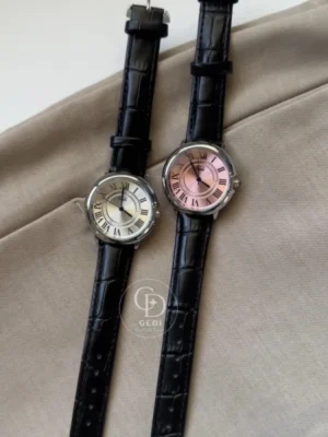 Classic Silver/Pink Round Face Watch Black Leather Watch for Women