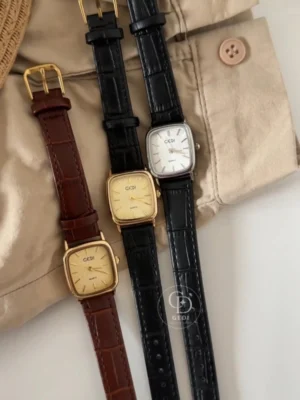 GEDI347-1 Chic Beige Dial Watch Black/Brown Leather Band Watch for Women