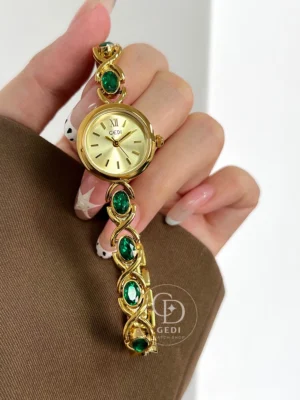 GEDI Vintage-Inspired Gold Watch for Women Emerald Crystal Bracelet Watch