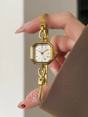 GEDI Dainty Gold Ladies Watch Crystal Accented Thin Chain Bracelet Watch