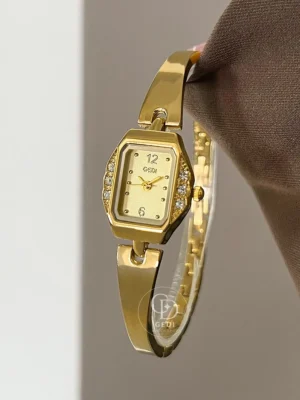 GEDI Elegant Gold Slim Wristwatch Square Face Crystal Accented Small Watch for Women