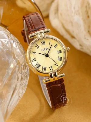 GEDI Classic Gold Round Watch Retro Leather Strap Ladies Watch