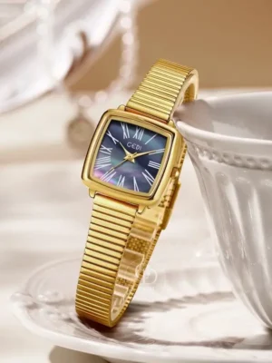 GEDI Classic Square Bracelet Watch Blue Mother of Pearl Dial Gold/Silver Ladies Wristwatch
