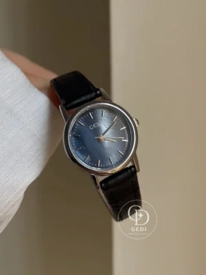 Elegant Ladies Blue Mother-of-Pearl Dial Minimalist Black Leather Watch