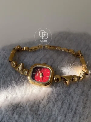 Vintage Gold Square Bracelet Watch Deep Red Mother-of-Pearl Dial