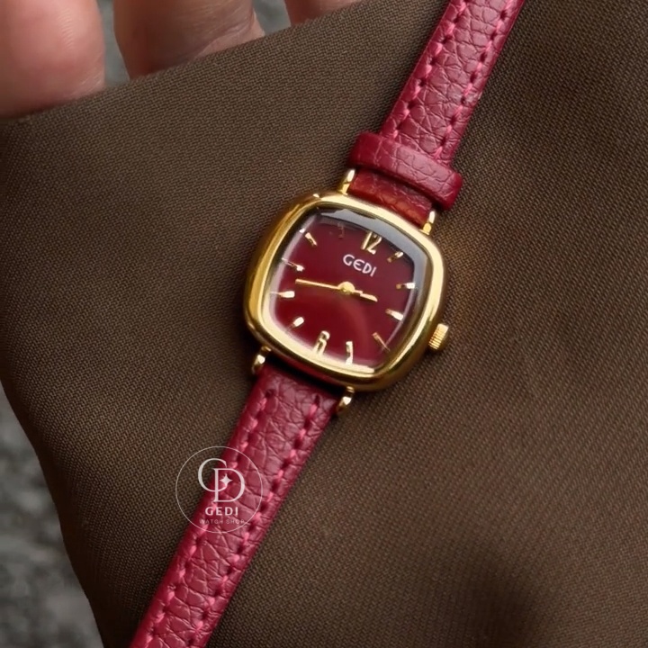 Elegant Square Face Watch Red Leather Strap Women's Watch