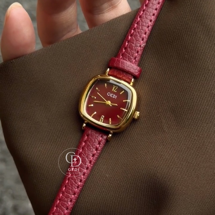 Elegant Square Face Watch Red Leather Strap Women's Watch