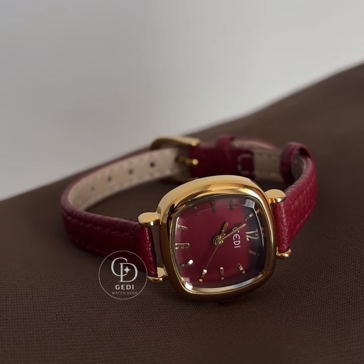 Elegant Square Face Watch Red Leather Strap Women's Watch