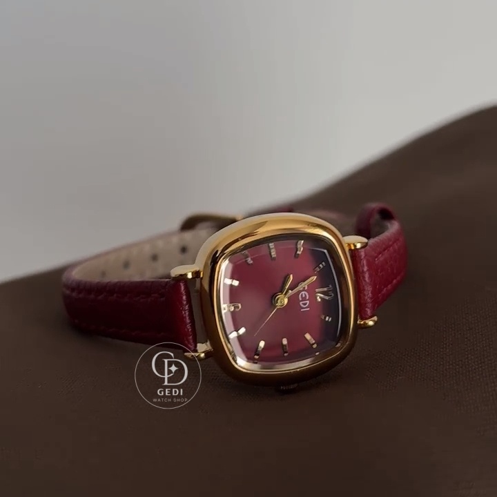 Elegant Square Face Watch Red Leather Strap Women's Watch