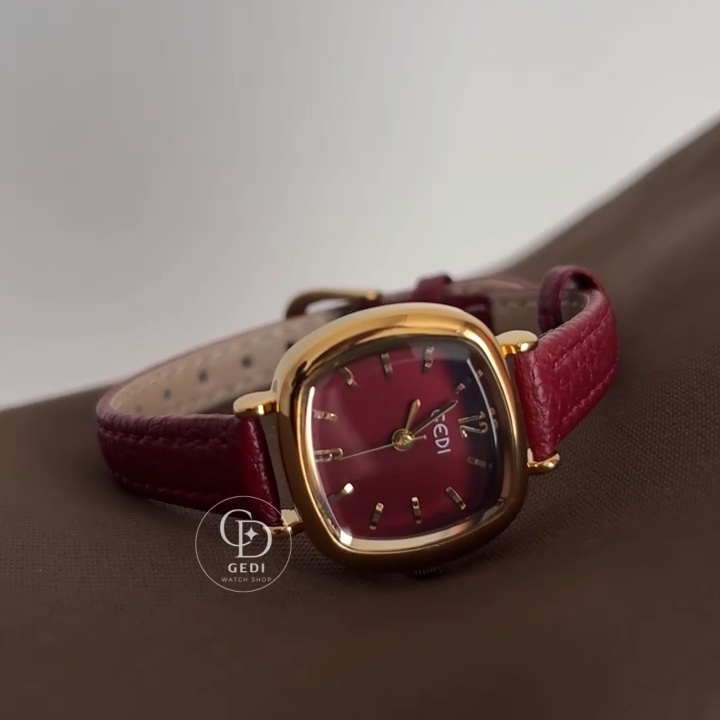 Elegant Square Face Watch Red Leather Strap Women's Watch