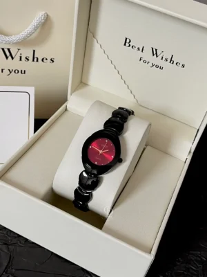 GEDI Gothic Round Ruby Red Face Watch Black Bracelet Women's Watch