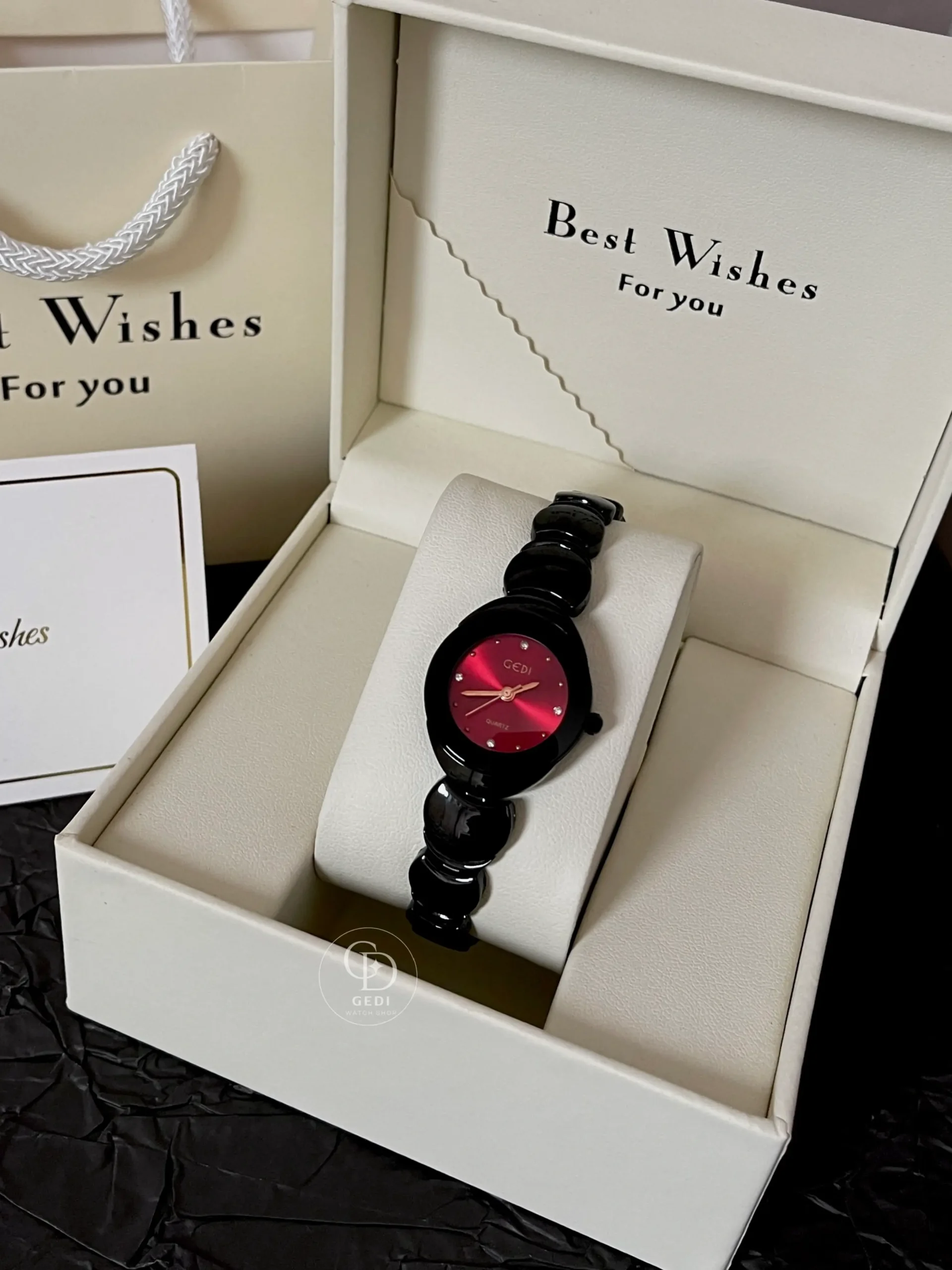 GEDI Gothic Round Ruby Red Face Watch Black Bracelet Women's Watch