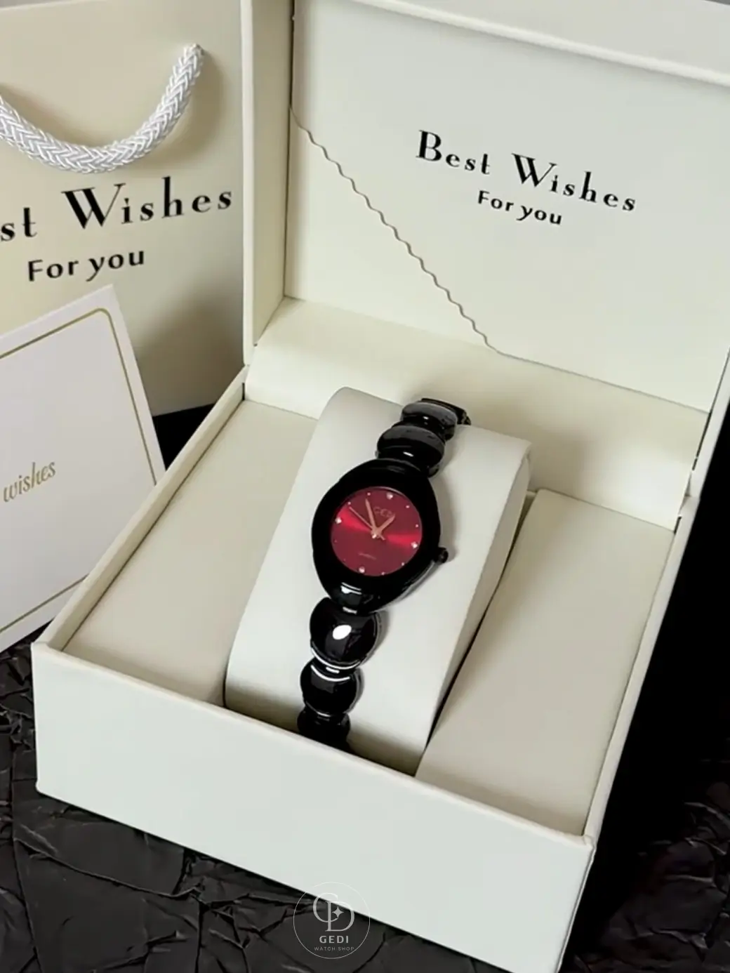 GEDI Gothic Round Ruby Red Face Watch Black Bracelet Women's Watch