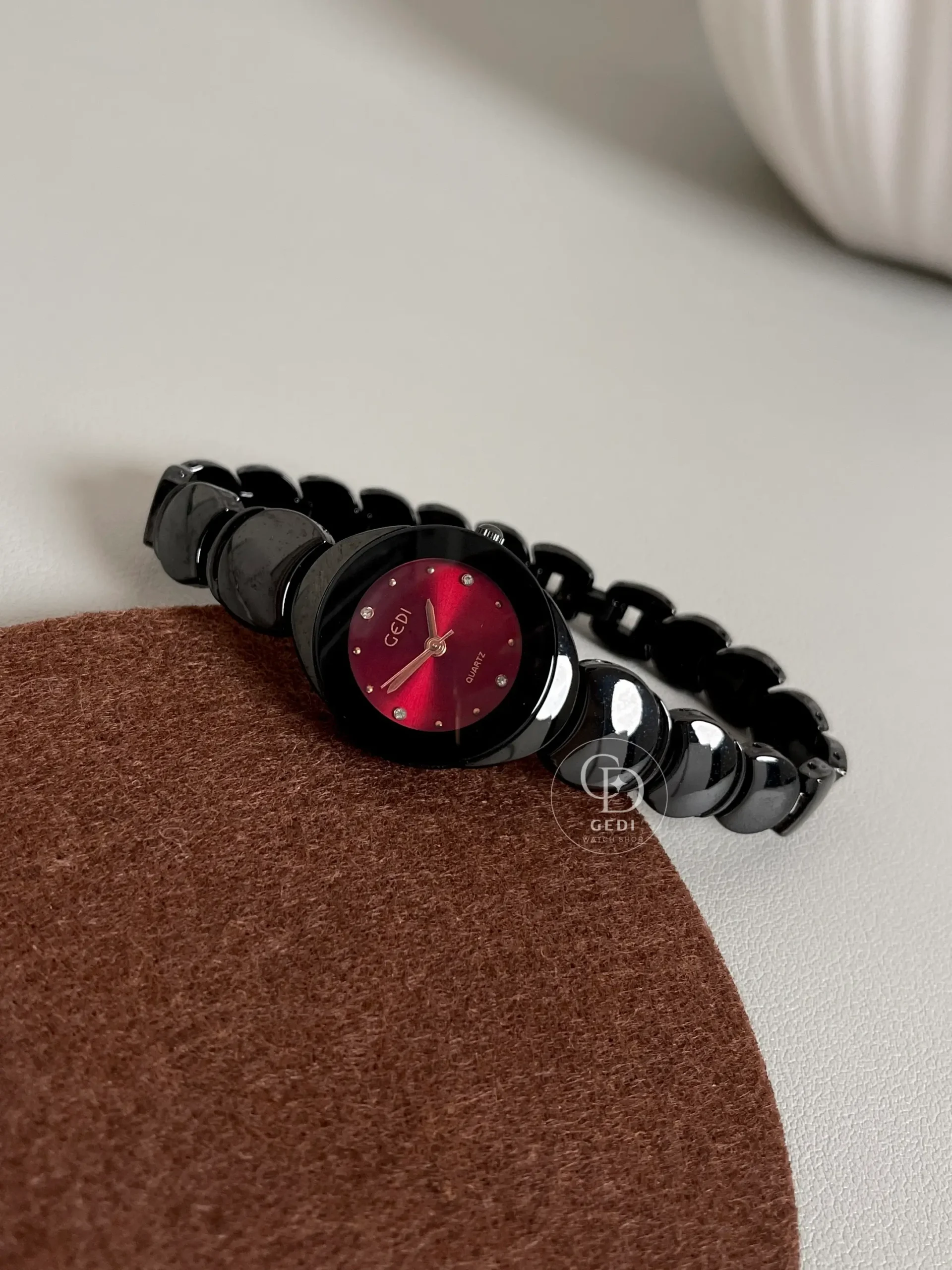 GEDI Gothic Round Ruby Red Face Watch Black Bracelet Women's Watch