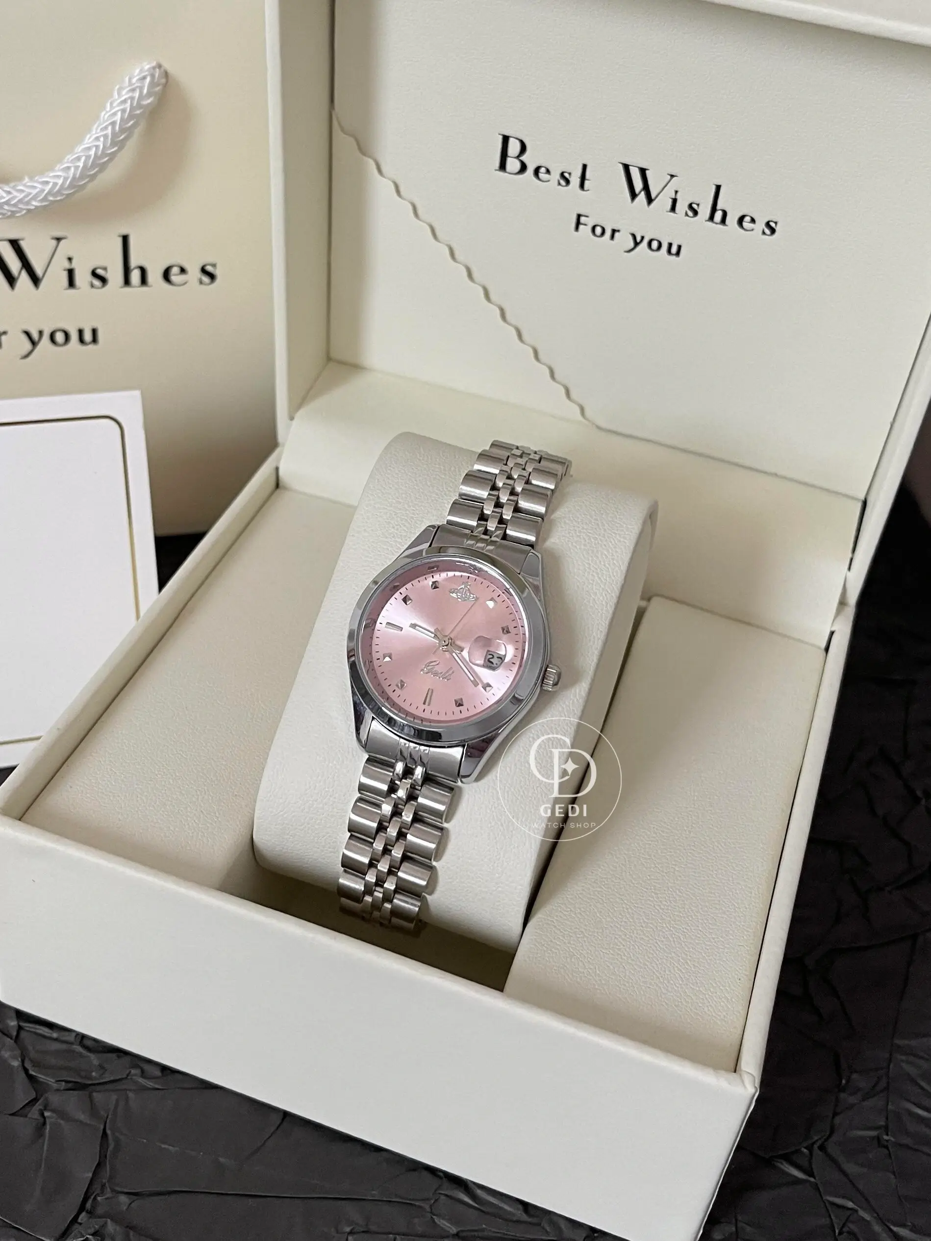 GEDI Round Face Silver Bracelet Watch Elegant Blue Dial Ladies Watch