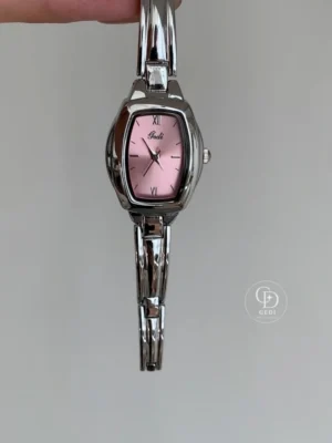 GEDI Retro Silver-Tone Pink Dial Tonneau Women's Bracelet Watch